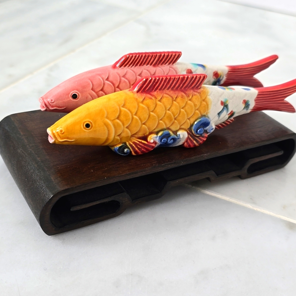 Vintage Chinese Sancai-Glazed Ceramic Carp Figurine (Pair of 2 PC)